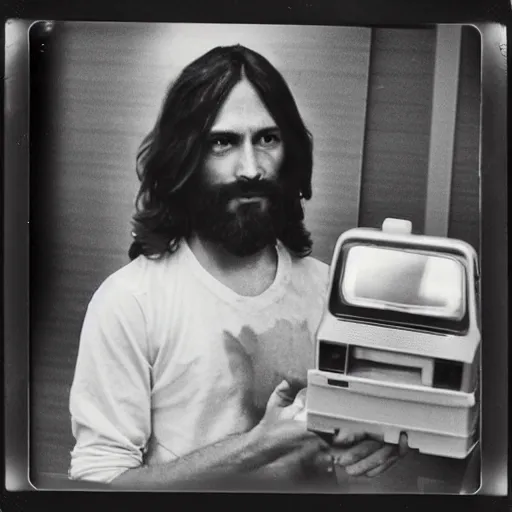 Image similar to jesus taking a lunch break at his day shift at mcdonald ’ s circa 1 9 8 0, polaroid image