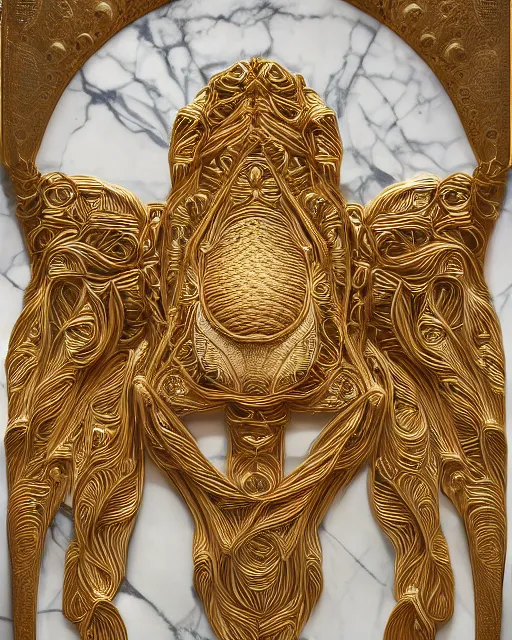 Image similar to symmetry, intracate white marble bas relief sculpture of a woman, gold wire inlay, thousands of crabs, thousands of spiders, thousands of tarantulas, highly detailed, intricately detailed, art nuevo, octane, 8 k, hdr, art by hr geiger and ridley scott and alphonse mucha, trending on artstation
