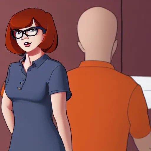Image similar to Velma Dinkley from Scooby Doo in court for falsely accusing someone of being a criminal. Pixiv, artstation