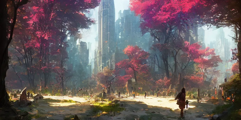 Image similar to a fantasy solarpunk new york city, landscape illustration by greg rutkowski, bright sunlight, sun glints, vivid and colorful trees and plants and flowers, smooth digital concept art, 4 k, trending on artstation