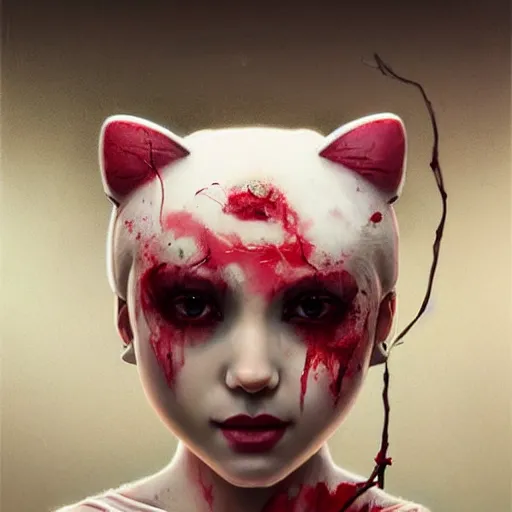 Image similar to portrait painting of a bloodied hello kitty serial killer, ultra realistic, concept art, intricate details, eerie, highly detailed, photorealistic, octane render, 8 k, unreal engine. art by artgerm and greg rutkowski and alphonse mucha