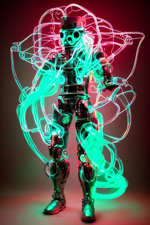 Image similar to full-body rococo and cyberpunk style mint neon and ceramic statue of a muscular attractive Spanish robot god humanoid wearing a thing see-through plastic cloak sim roupa, posing like a super hero, suspended to the wall thick clear cables around his wrists, glowing mint face, crown of red steampunk lasers, emeralds, swirling silver silk fabric. futuristic elements. oozing glowing liquid, full-length view. space robots. human skulls. throne made of bones, intricate artwork by caravaggio. Trending on artstation, octane render, cinematic lighting from the right, hyper realism, octane render, 8k, depth of field, 3D