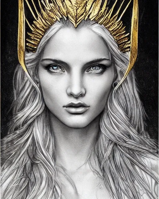 Image similar to tattoo design sketch of cute blonde super model as aphrodite greek goddess wearing a gold laurel wreath and triangle earrings, beautiful piercing gaze with sharp pupils, in the style of greg rutkowski, fantasy, amazing detail, epic, elegant, smooth, sharp focus, front view