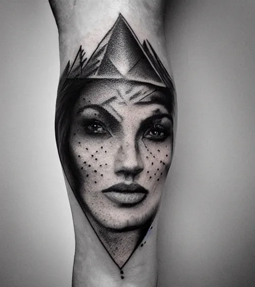 Image similar to double exposure of a hyper realistic mountain scenery with a beautiful woman face, tattoo design sketch, in the style of matteo pasqualin, hyper - realistic, amazing detail, black and white