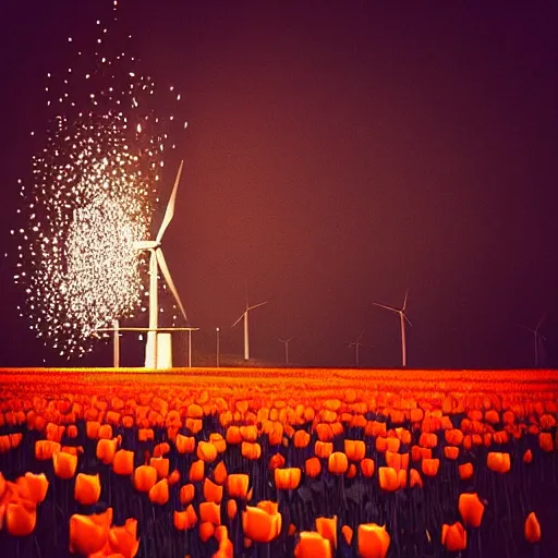 Image similar to “a burning wind turbine in a field of tulips at night time. It is night and very dark. Fireworks in the night sky. 35mm film. Cursed image.”