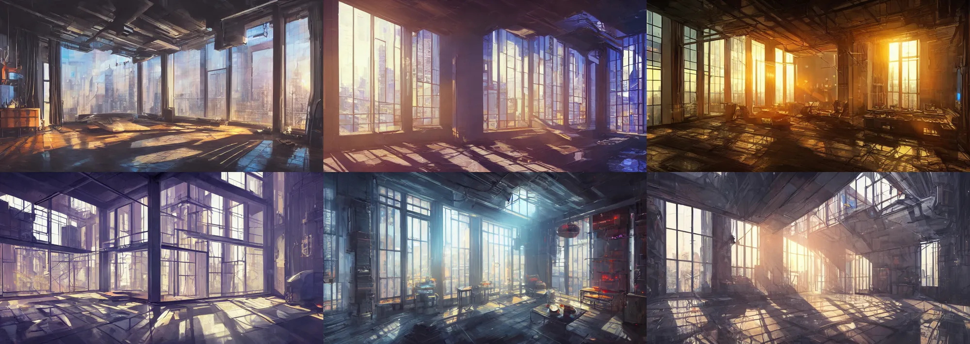 Prompt: picture of an interior loft by dariusz zawadzki, luxury, interior design, tall windows, reflections, cyberpunk city, first light, sunshafts, volumetric lights, colorful, concept art, art station