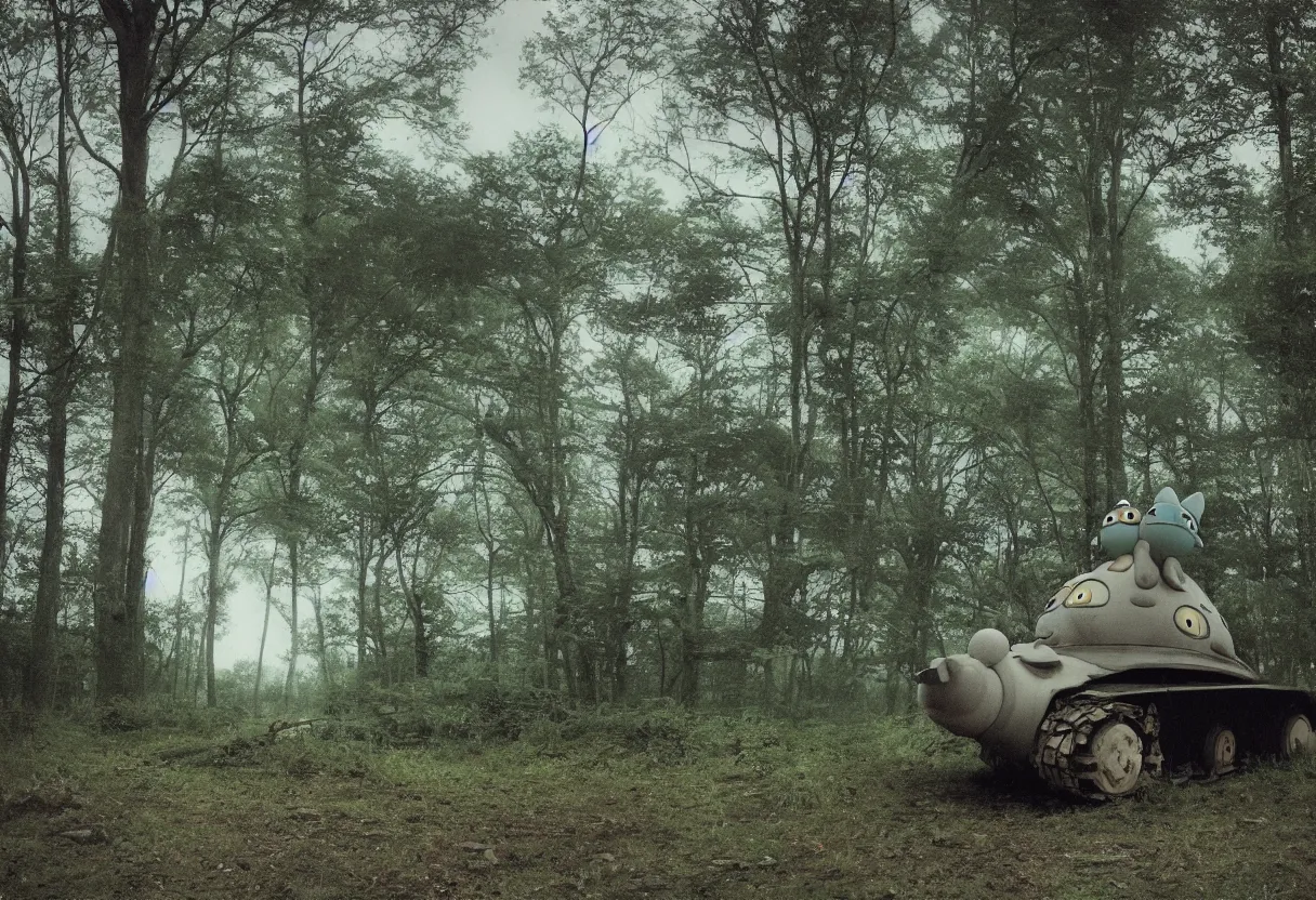 Image similar to my neighbor totoro looks like a simple tank, post apocalyptic style. fox holes. colorized, shot on film, wide angle, stormy sky, trees