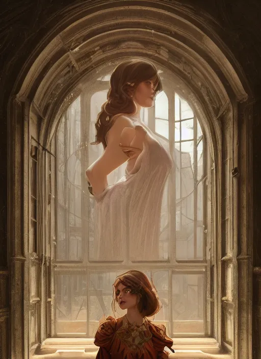 Image similar to perfectly - centered - portrait of a beautiful lady inside abandoned asylum, light comes from the window, intricate, highly detailed, digital painting, artstation, concept art, smooth, sharp focus, illustration, unreal engine 5, 8 k, art by artgerm and greg rutkowski and alphonse mucha