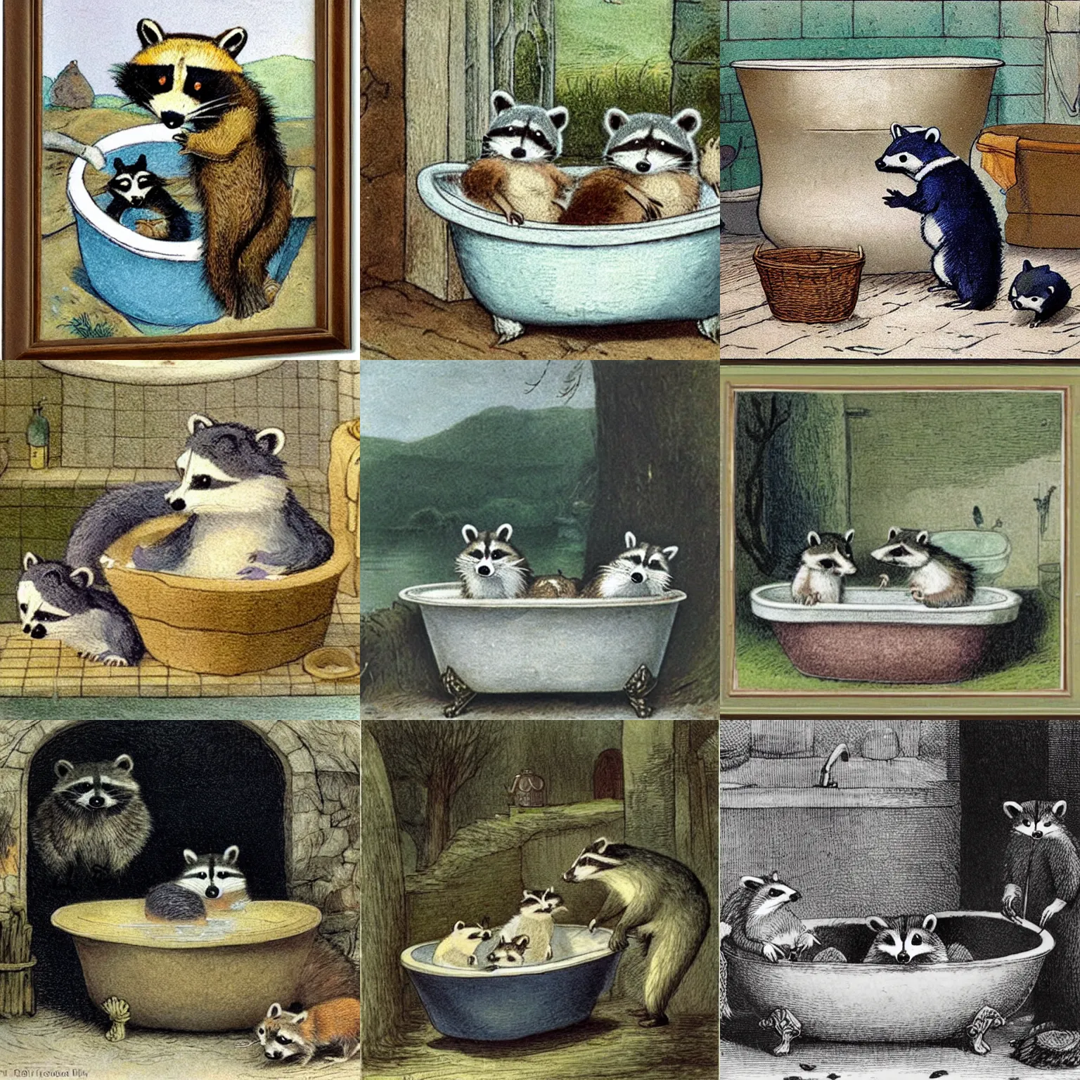 Prompt: raccoons taking a bath in Bath crock ,beatrix potter