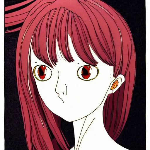 Image similar to prompt: Fragile looking flat colors portrait face drawn by Katsuhiro Otomo and Suehiro Maruo, inspired by Paprika anime, magical and alchemical objects on the side, soft light, monochrome background, intricate detail, intricate ink painting detail, sharp high detail, manga and anime 2000