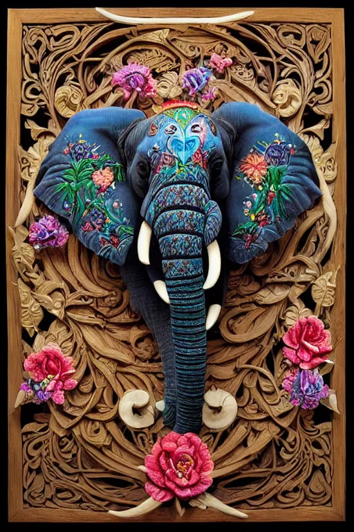 Prompt: Painted dark-wood panel relief carving of a Flowerpunk Matriarch Elephant, ornate border frame, explosion of colorful flowers, dark wood, intricately carved, black ink, festival of rich colors, intricate details, cinematic lighting, volumetric lighting, post-processing, art nouveau, by andreas rocha and john howe, and Martin Johnson Heade, featured on artstation, featured on behance, golden ratio, hyper detailed, photorealistic, epic composition, center spotlight, f32, well composed, UE5, 8k