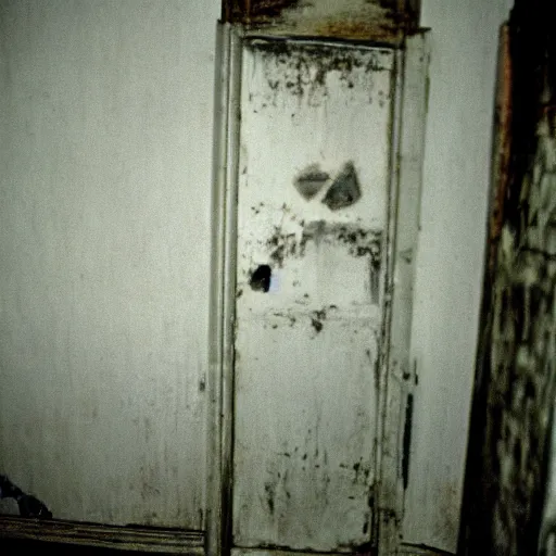 Prompt: Photograph of an abandoned 1940s bedroom in Silent Hill, creepy monster from Ringu, dark, no lights, moist, taken using a film camera with 35mm expired film, bright camera flash enabled, award winning photograph, creepy, liminal space