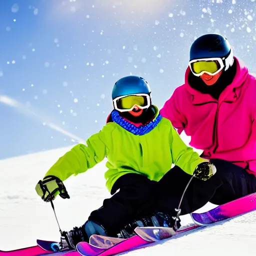 Prompt: father and son snow skiing together, abstract, vibrant
