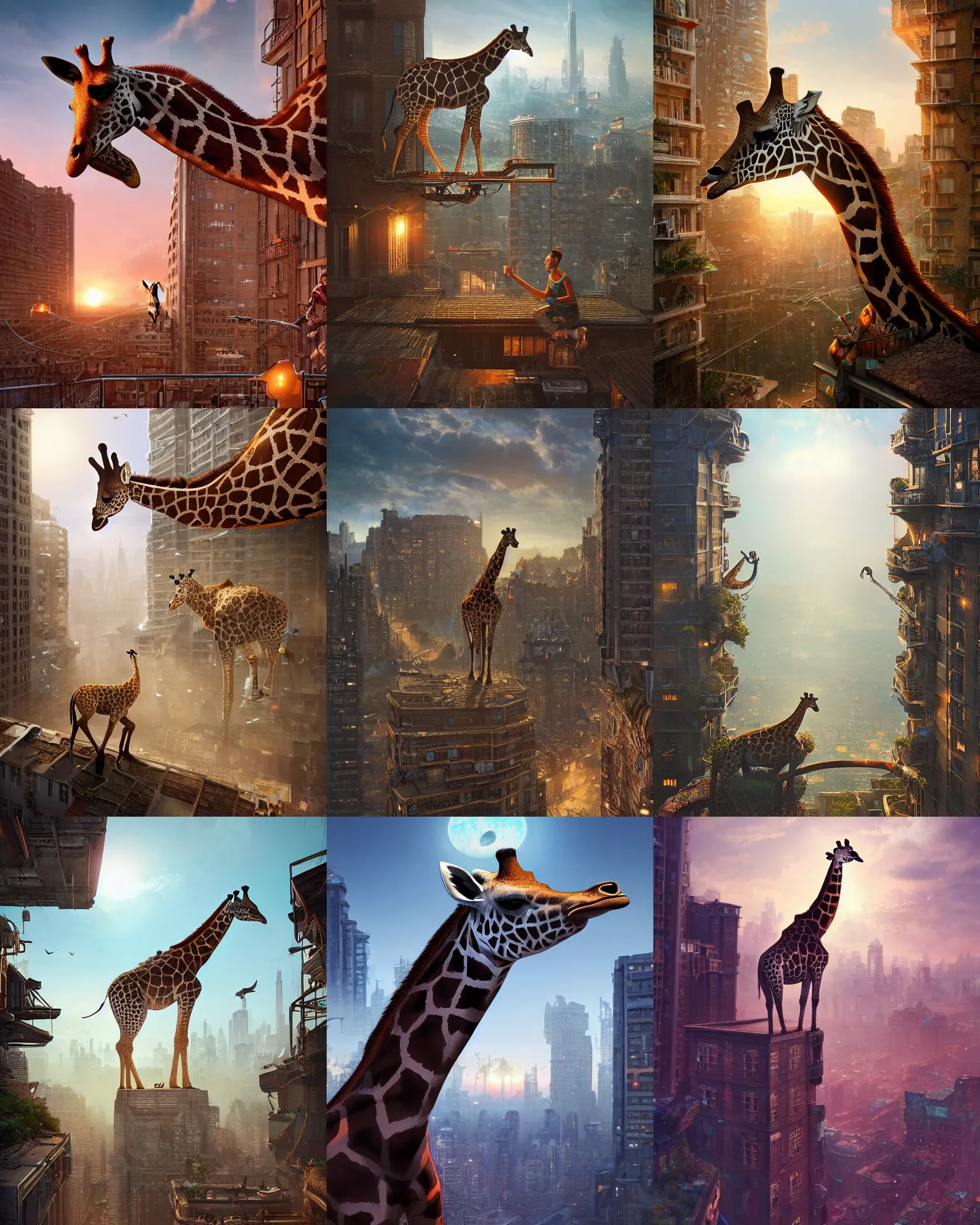 Prompt: rooftop occupied by a giraffe, fantasy, intricate, epic lighting, cinematic composition, hyper realistic, 8 k resolution, unreal engine 5, by artgerm, tooth wu, dan mumford, beeple, wlop, rossdraws, james jean, marc simonetti, artstation
