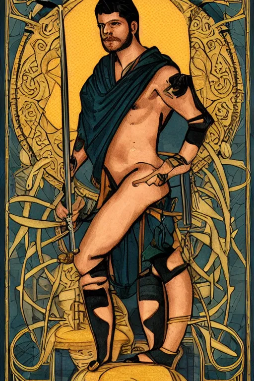 Prompt: tarot card of a shirtless swordsman, dad bod, homoerotic, art deco, art nouveau, trending on artstation