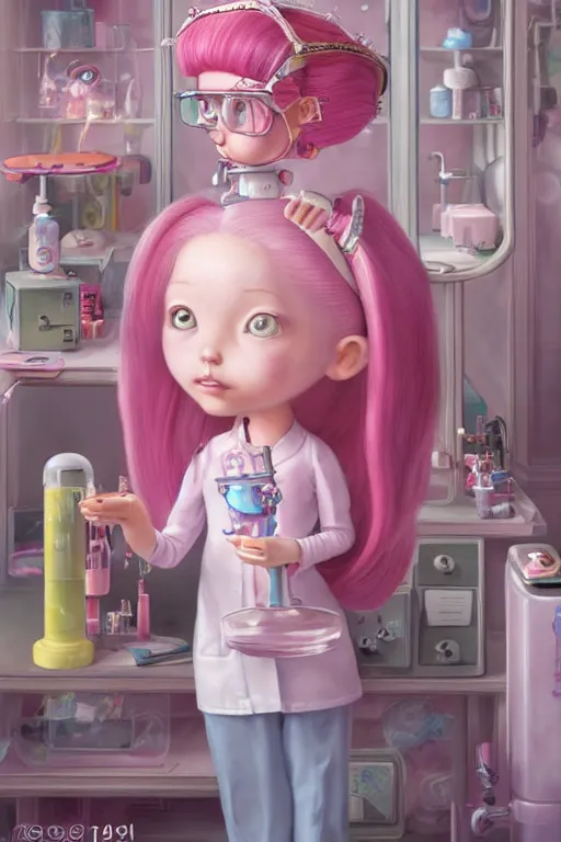 Image similar to highly detailed, profile portrait of princess bubblegum experimenting in her lab, wearing lab coat and tiara, bubblegum hair, depth of field, illustration concept art by nicoletta ceccoli, mark ryden, lostfish, detailed and intricate environment, 8 k resolution, hyperrealistic, octane render