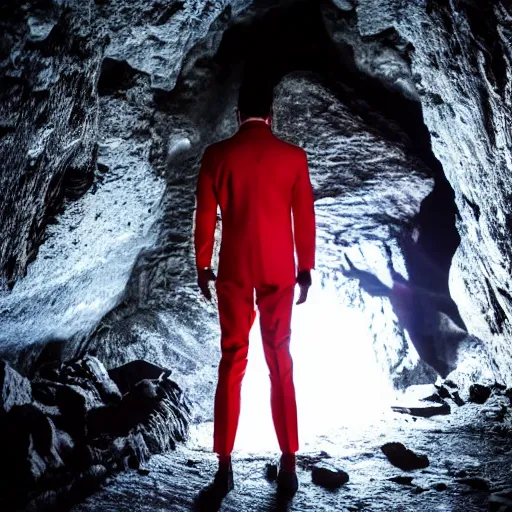 Prompt: a bright advanced man suit in the middle of a dark cave woth light from above , dramatic , scenematic , 4k