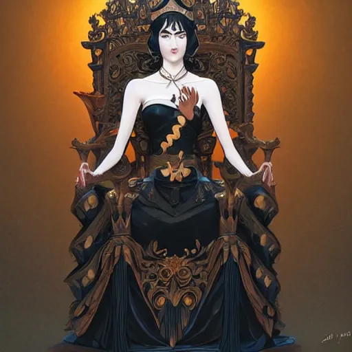 Image similar to stylized minimalist a beautiful black haired woman with pale skin and a crown on her head sitted on an intricate metal throne, loftis, cory behance hd by jesper ejsing, by rhads, makoto shinkai and lois van baarle, ilya kuvshinov, rossdraws global illumination,