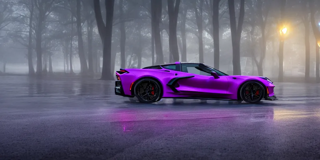 Image similar to parked purple 2 0 2 3 chevrolet corvette z 0 6, fog, rain, volumetric lighting, beautiful, golden hour, sharp focus, highly detailed, cgsociety