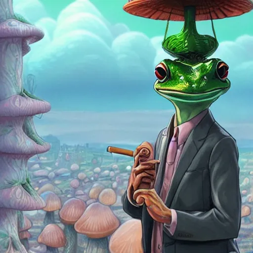 Image similar to A centered chest up portrait of a psychedelic godlike anthropomorphic frog smoking a hand-rolled cigarette , magic mushroom village in background . award winning. superb resolution. in the art style of junji Ito and greg rutkowski . Detailed Mushroom city in background. Hyper realistic anime. Perfect art. Dalle2