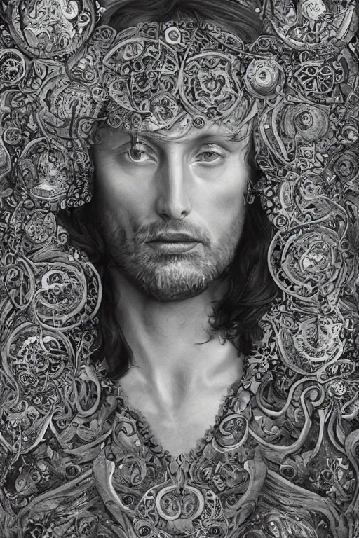 Prompt: A pre-raphaelite portrait of Mads Mikkelsen, surreal, ultradetailed, intricate, elegant, digital art painting, concept art, smooth, sharp focus, poster art, art cover illustration, regal, award winning picture, extremely detailed masterpiece, sense of awe, featured on artstation, Artgerm, effervescent punk kawaii-noir pastel bubbles, winning award piece, ethereal rainbows, Aetherpunk, low-key neon lightning, stormy weather, Exquisite details, 8K detail post-processing, matte, oil painting