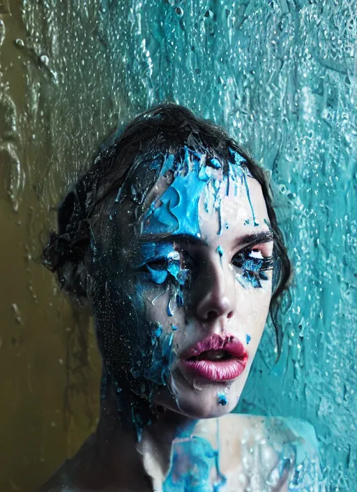 Prompt: editorial portrait of wet sexy girl, fully covered in paint, by mike dargas, blonde, curly hair, clean face, slutty make up, symmetrical face, looking straight, smooth skin, jewelry, ecstasy, cute, fashion editorial photography, from vogue magazine, ultra realistic, reflections, from eyes wide shut movie, fully submerged in paint