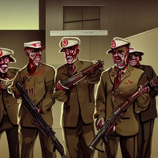 Prompt: zombie security officers with glowing pale red skin in beige uniforms and caps holding bullpup guns in a brutalist office setting trending on artstation digital painting 4 k sharp detail high quality