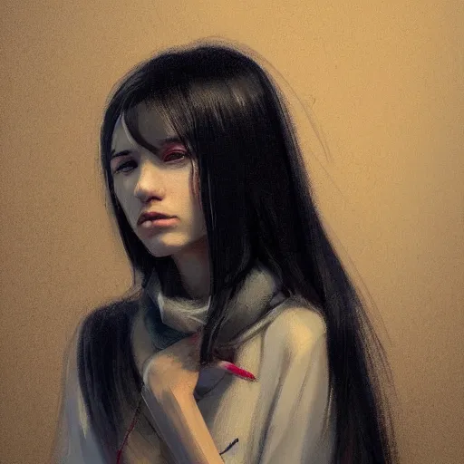 Image similar to portrait of a young woman by greg rutkowski, she is about 2 0 years old, mixture between russian and japanese, pretty, black bob hair with two strands around her face, very tall and slim, wearing a oversized jumper jumpsuit, highly detailed portrait, digital painting, artstation, concept art, smooth, sharp foccus ilustration, artstation hq