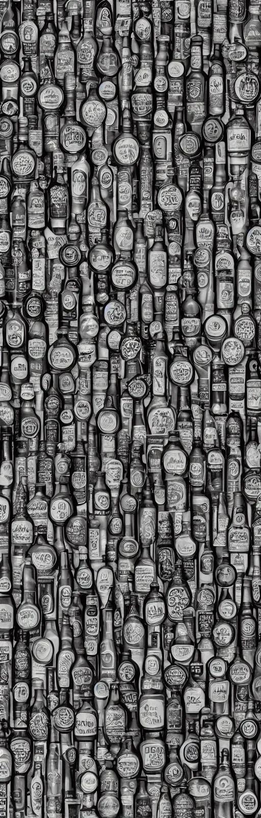 Image similar to repeating pattern of stylized beer bottles, extremely detailed and intricate, monochromatic