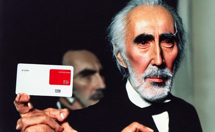 Prompt: movie still close-up portrait of Christopher Lee as a Victorian inventor proudly holding a small red plastic card with see-through holes punched in it, by David Bailey, Cinestill 800t 50mm eastmancolor, heavy grainy picture, very detailed, high quality, 4k, HD criterion, precise texture and facial expression