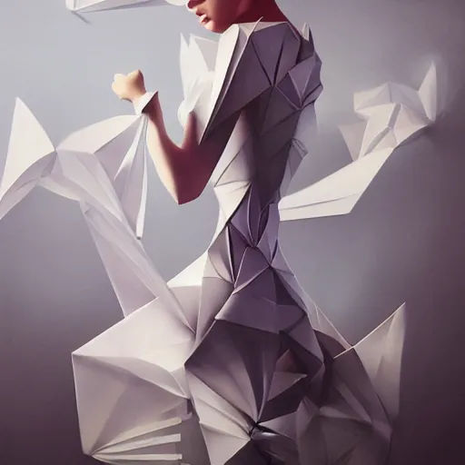 Image similar to 3 / 4 view of a beautiful girl wearing an origami dress, eye - level medium shot, elegant, by eiko ishioka, by peter mohrbacher, centered, fresh colors, origami, fashion, detailed illustration, vogue, high depth of field, japanese, reallusion character creator