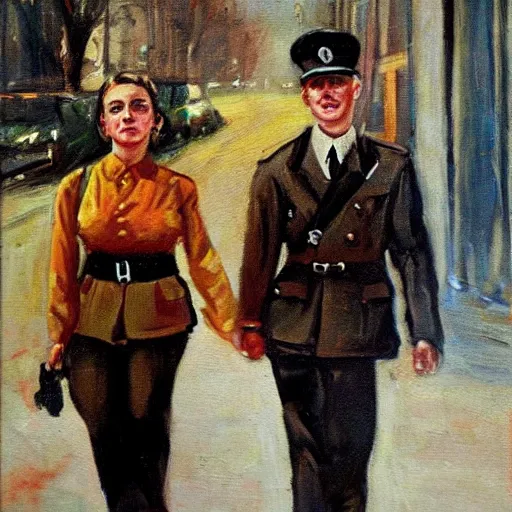 Prompt: an oil panting of a young hitler with her girlfriend, walking in berlin