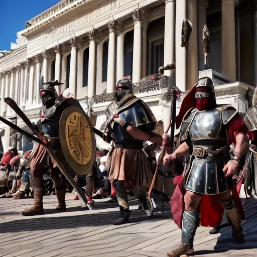 Image similar to roman soldiers and centurions invading the washington capitole, wearing maga hats ( january 2 0 2 1 )