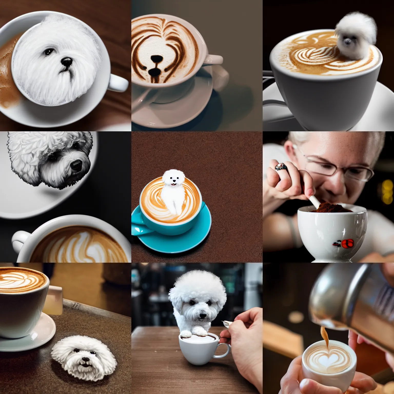 Image similar to a closeup photorealistic photograph of barista drawing bichon frise shaped latte art in a cup. professional capture, well lit shot. this 4 k hd image is trending on artstation, featured on behance, well - rendered, extra crisp, features intricate detail, epic composition and the style of unreal engine.