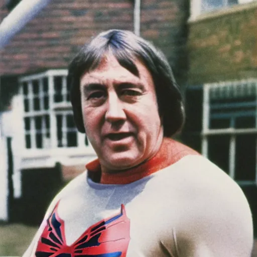 Image similar to 1970s colour polaroid of jimmy tarbuck as spider man without a mask on a british council estate