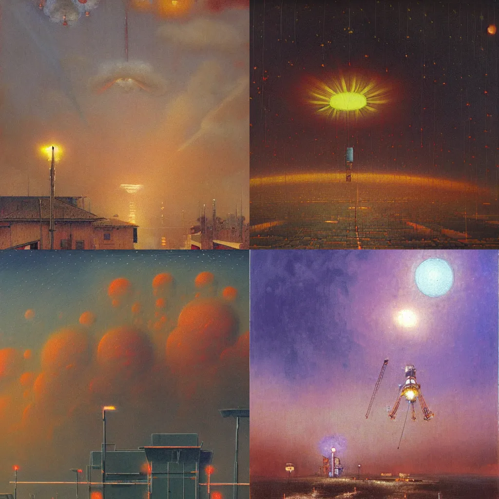 Prompt: detailed painting of a satellite station, exterior, floral ornaments, volumetrics lights, beam of bright lights through the clouds, beksinski, bougeureau