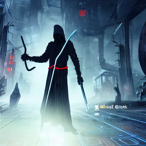 Image similar to photo of a grimm reaper with a large scythe in his hand walking in a futuristic city in a dystopian future made of electronic components and looks like a giant pcb board. Very detailed 8k. Unreal engine 5 render with nanite, global illumination and path tracing. Emphasize on the colors black and red.