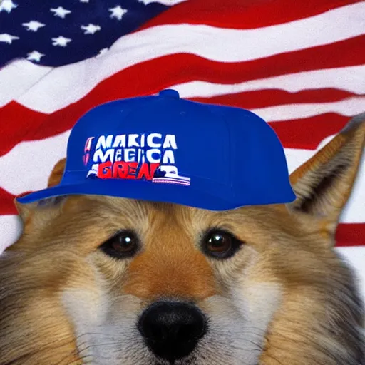 Image similar to doge wearing a make america great again cap, realistic, super detailed, wide shot, 8 k,