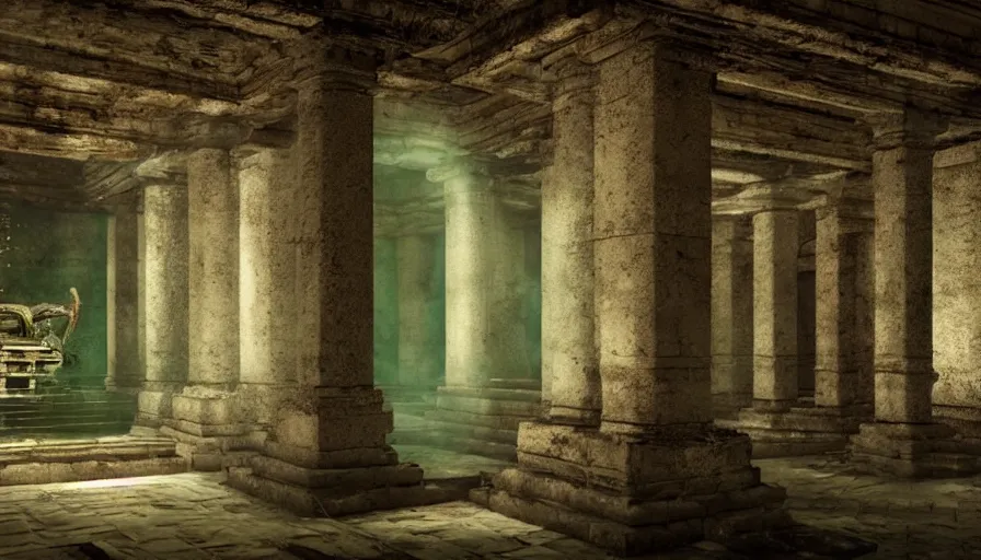 Image similar to cinematic film still, inside an huge ancient temple, Cthulhu, ancient, green ambient light, light mist, lovecraftian 4k C 10.0