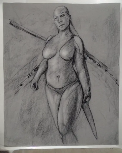 Image similar to A beautiful female warrior on a pirate ship at a deserted island, very faded outline, realism pencil drawing on white paper, bald lines