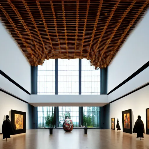 Prompt: ! dream an art museum interior whose architecture is inspired by drum and flute instrument pieces ar 1 6 : 9