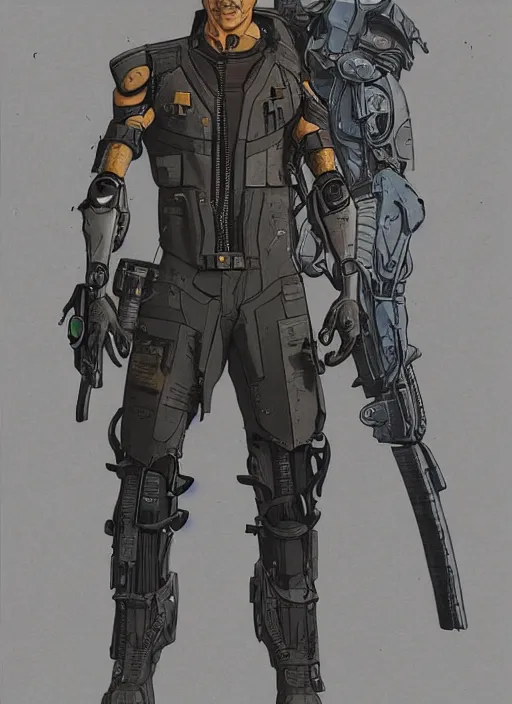 Image similar to jeff bezos as a menacing cyberpunk mercenary with robotic blade arms wearing a military vest and jumpsuit. dystopian. portrait by stonehouse and mœbius and will eisner and gil elvgren and pixar. realistic proportions. cyberpunk 2 0 7 7, apex, blade runner 2 0 4 9 concept art. cel shading. attractive face. thick lines.