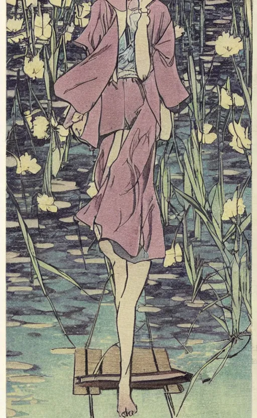 Image similar to by akio watanabe, manga art, a blond girl walking on wooden lake bridge and iris flowers, trading card front, kimono, realistic anatomy