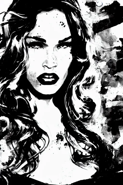 Image similar to dream of a film still from sin city, closeup portrait of film noir megan fox private detective, detailed illustration, digital art, trending on artstation, frank miller, martin ansin, movie poster, paint splatter, gta v,