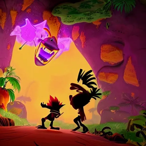 Prompt: A prehistoric cave painting of Crash Bandicoot and Aku Aku discovering a glowing purple crystal