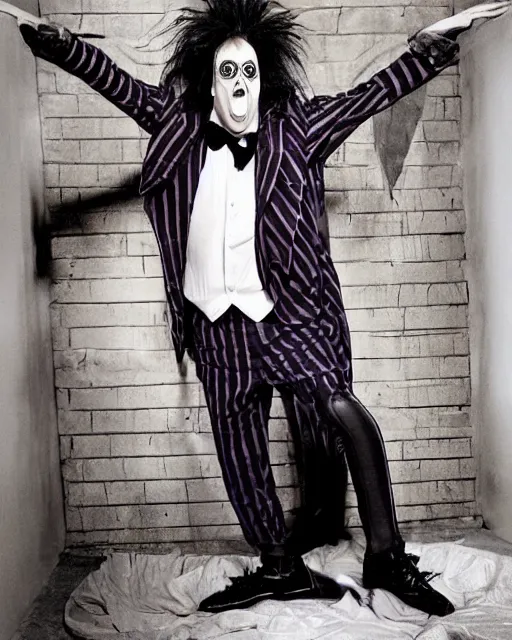 Image similar to photoshoot of michael keaton as beetlejuice, photoshoot in the style of annie leibovitz