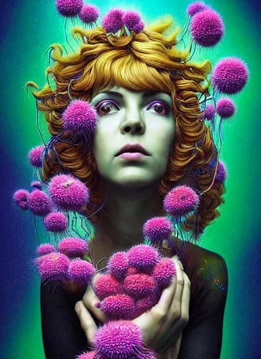 Image similar to hyper detailed 3d render like a Oil painting - Ramona Flowers with wavy black hair wearing thick mascara seen out Eating of the Strangling network of colorful yellowcake and aerochrome and milky Fruit and Her staring intensely delicate Hands hold of gossamer polyp blossoms bring iridescent fungal flowers whose spores black the foolish stars by Jacek Yerka, Mariusz Lewandowski, silly playful fun face, Houdini algorithmic generative render, Abstract brush strokes, Masterpiece, Edward Hopper and James Gilleard, Zdzislaw Beksinski, Mark Ryden, Wolfgang Lettl, Dan Hiller, hints of Yayoi Kasuma, octane render, 8k