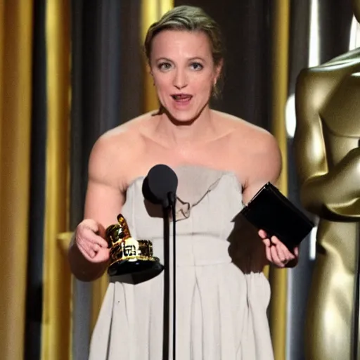 Image similar to an actress giving academy awards acceptance speech in the spotlight on the stage