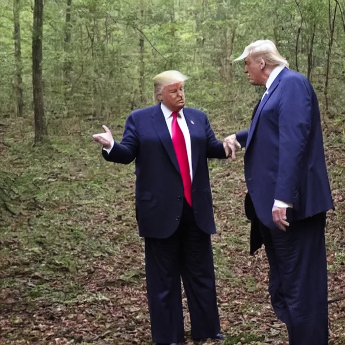 Prompt: A blurry ominous footage capture of Donald Trump in the woods talking to an alien