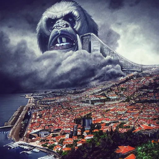 Image similar to king kong destroying funchal's city bay near the streets view from below under the clouds, trampled, by caio fantinim, trending on artstation, award winning, 3 d render